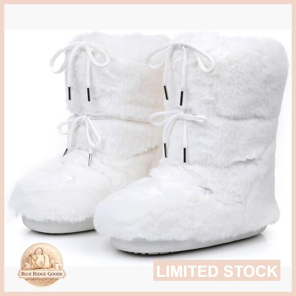 Faux Fur Lined Snow Boots Mid-Calf Lace-Up Winter Ski Boots Warm Fuzzy